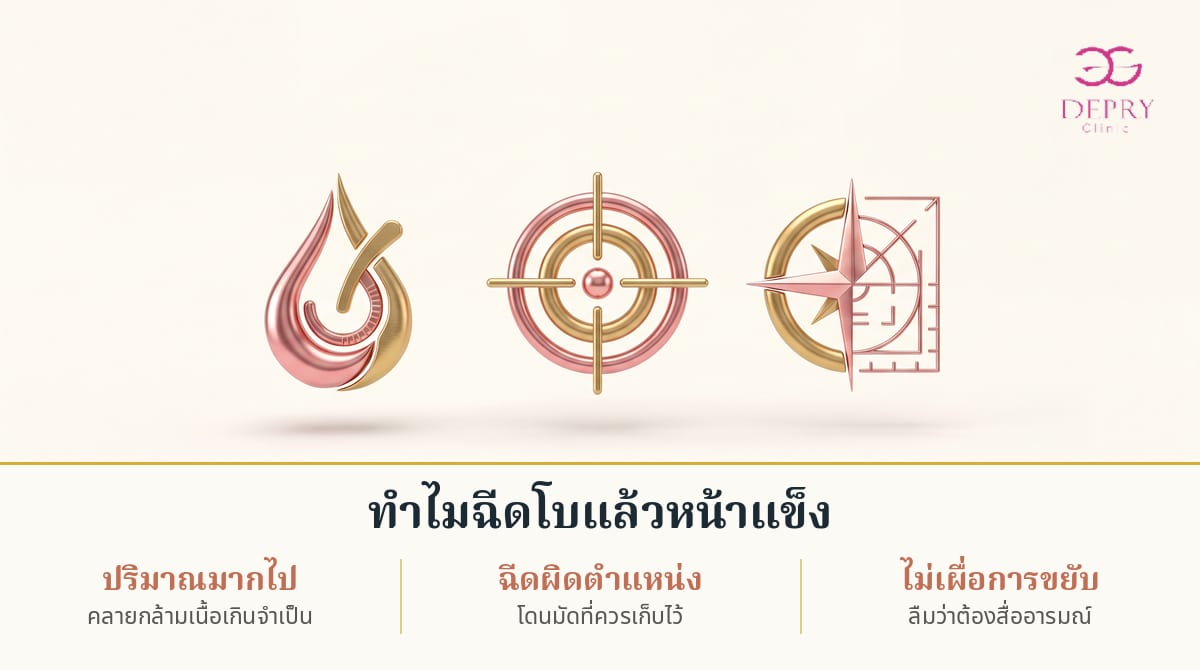 อินโฟกราฟิก 3 ปัจจัยที่ทำให้ฉีดโบท็อกซ์แล้วหน้าแข็ง โดย de Pry Clinic