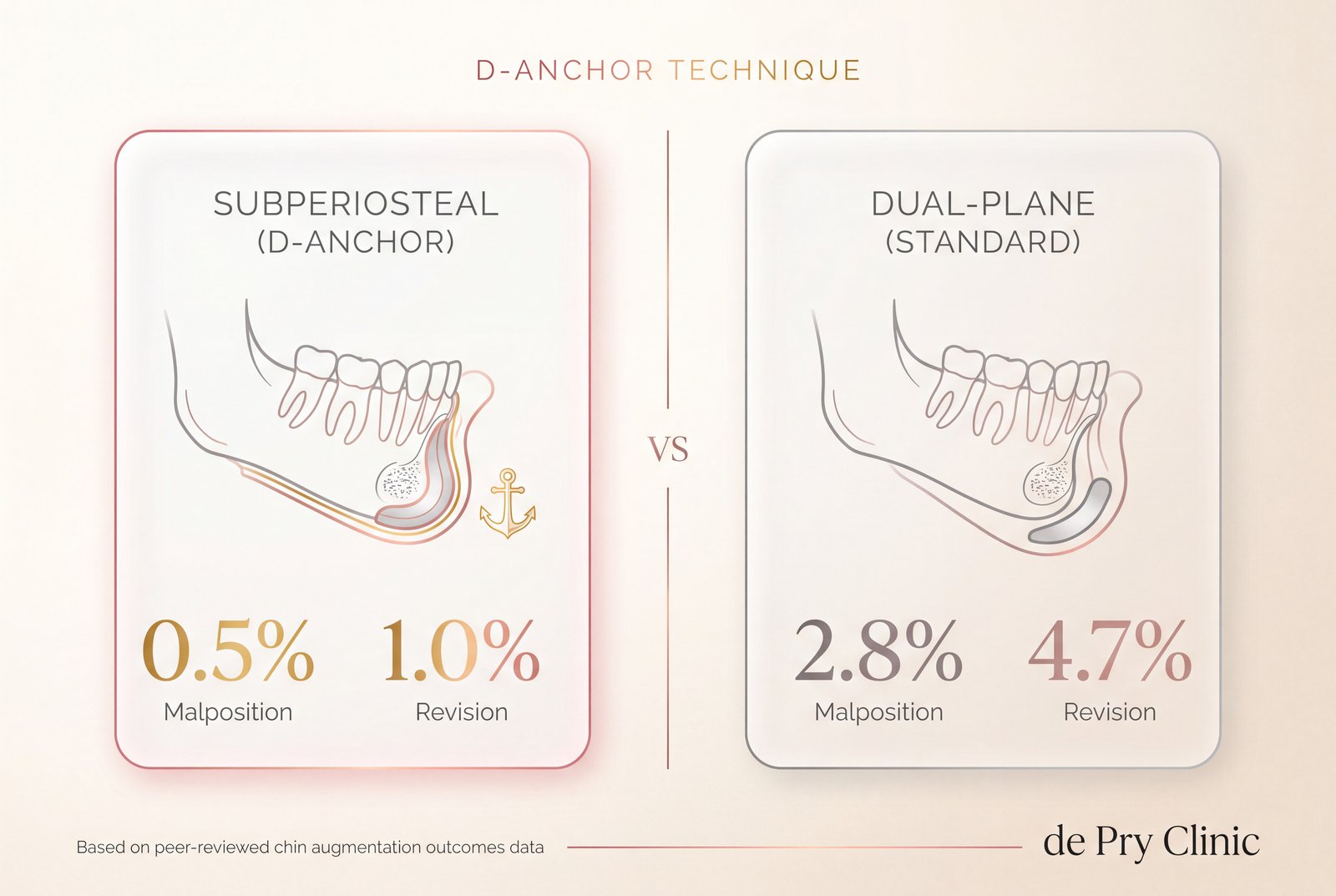 Infographic na naghahambing sa D-ANCHOR technique (subperiosteal) at shallow dual-plane placement — 0.5% laban sa 2.8% na chance ng paggalaw ng silicone, at 1.0% laban sa 4.7% na revision surgery rate