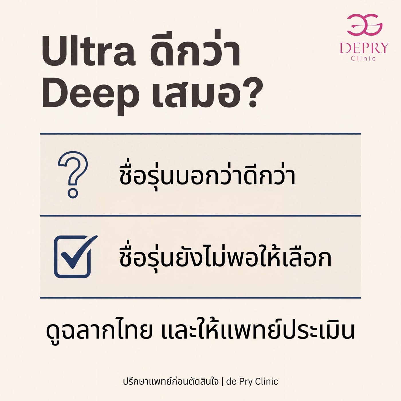 อินโฟกราฟิกเรื่องการเลือกโปรแกรมฉีด filler Clinabom Deep กับ Ultra โดยดูฉลากไทยและให้แพทย์ประเมิน