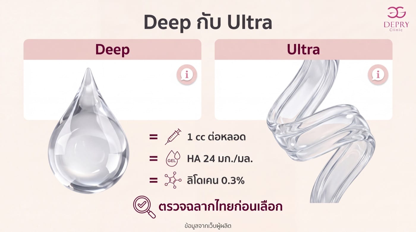 อินโฟกราฟิกแสดงข้อมูลร่วมที่เว็บผู้ผลิตระบุของโปรแกรมฉีด filler Clinabom Deep และ Ultra พร้อมข้อเตือนให้ตรวจฉลากไทย
