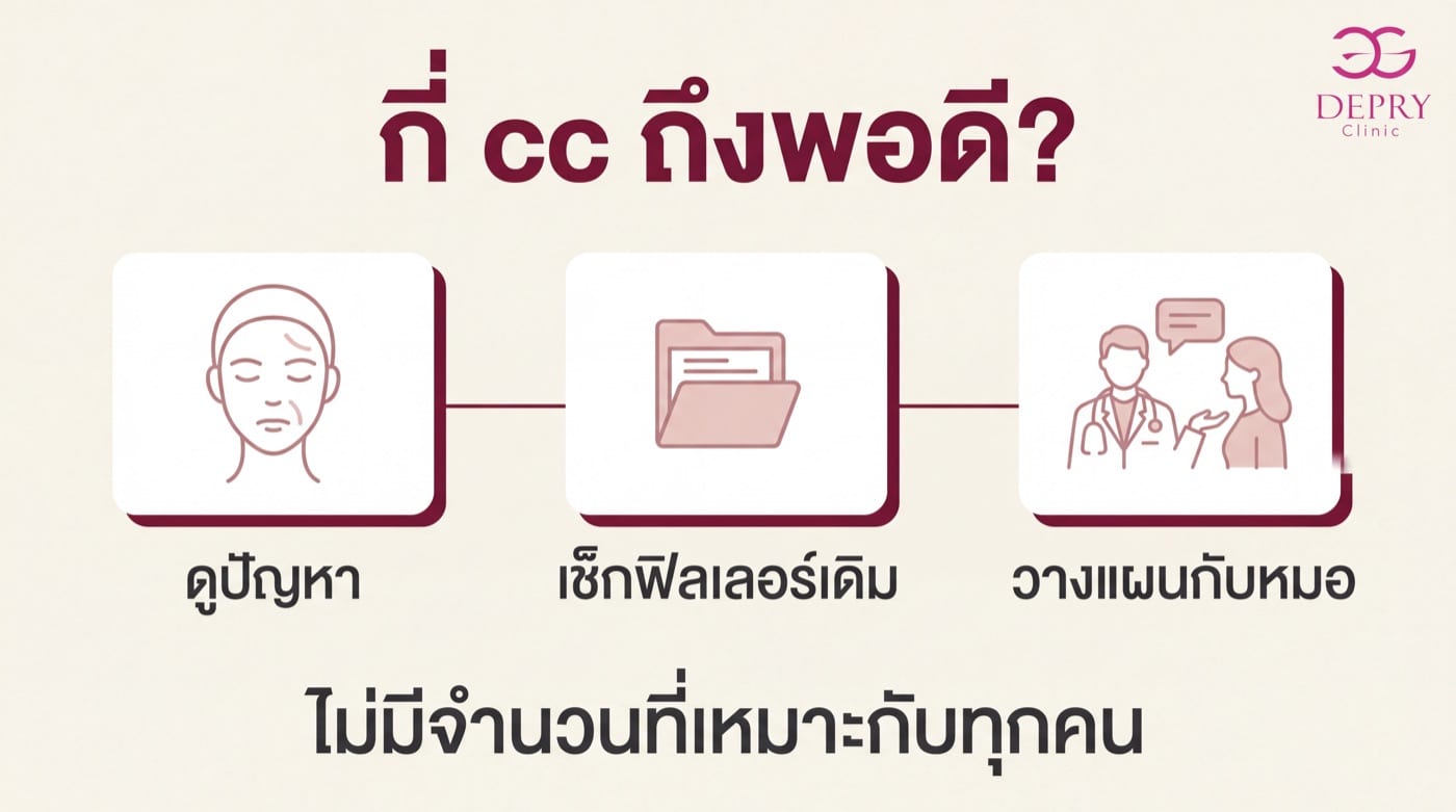 อินโฟกราฟิกวางแผนจำนวน cc ของโปรแกรมฉีด filler Clinabom: ดูปัญหา เช็กฟิลเลอร์เดิม และวางแผนกับหมอ