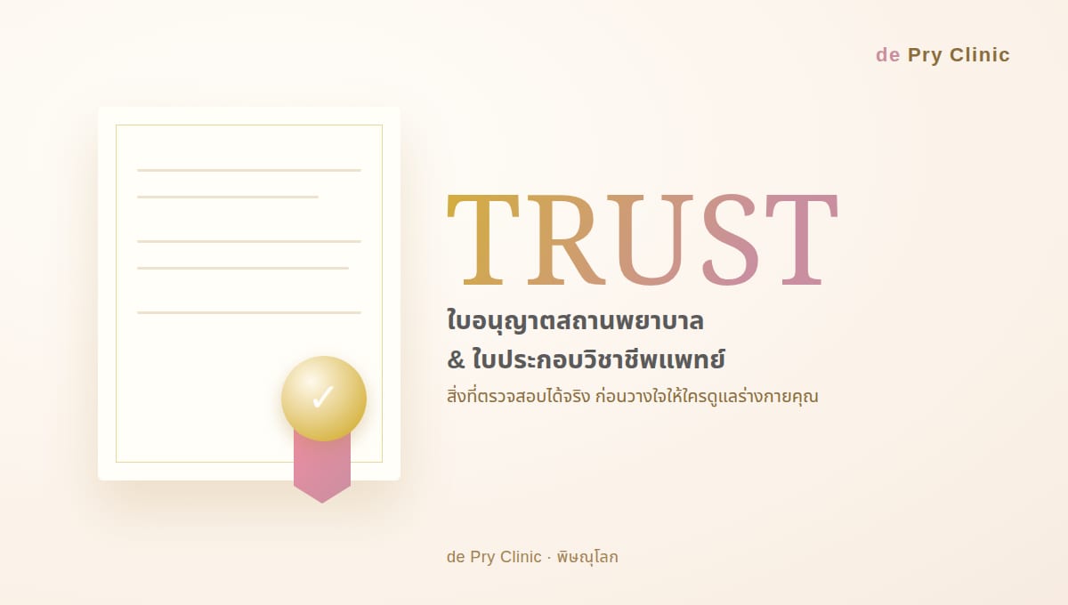 TRUST ใบอนุญาตสถานพยาบาลและใบประกอบวิชาชีพแพทย์ สิ่งที่ตรวจสอบได้จริงก่อนวางใจให้ใครดูแลร่างกายคุณ de Pry Clinic พิษณุโลก