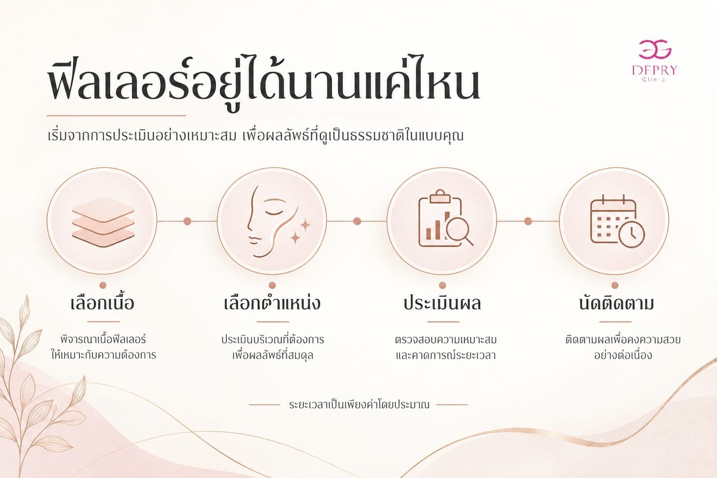 แผนภาพสี่ขั้นตอน เลือกเนื้อ เลือกตำแหน่ง ประเมินผล และนัดติดตามหลังฉีดฟิลเลอร์
