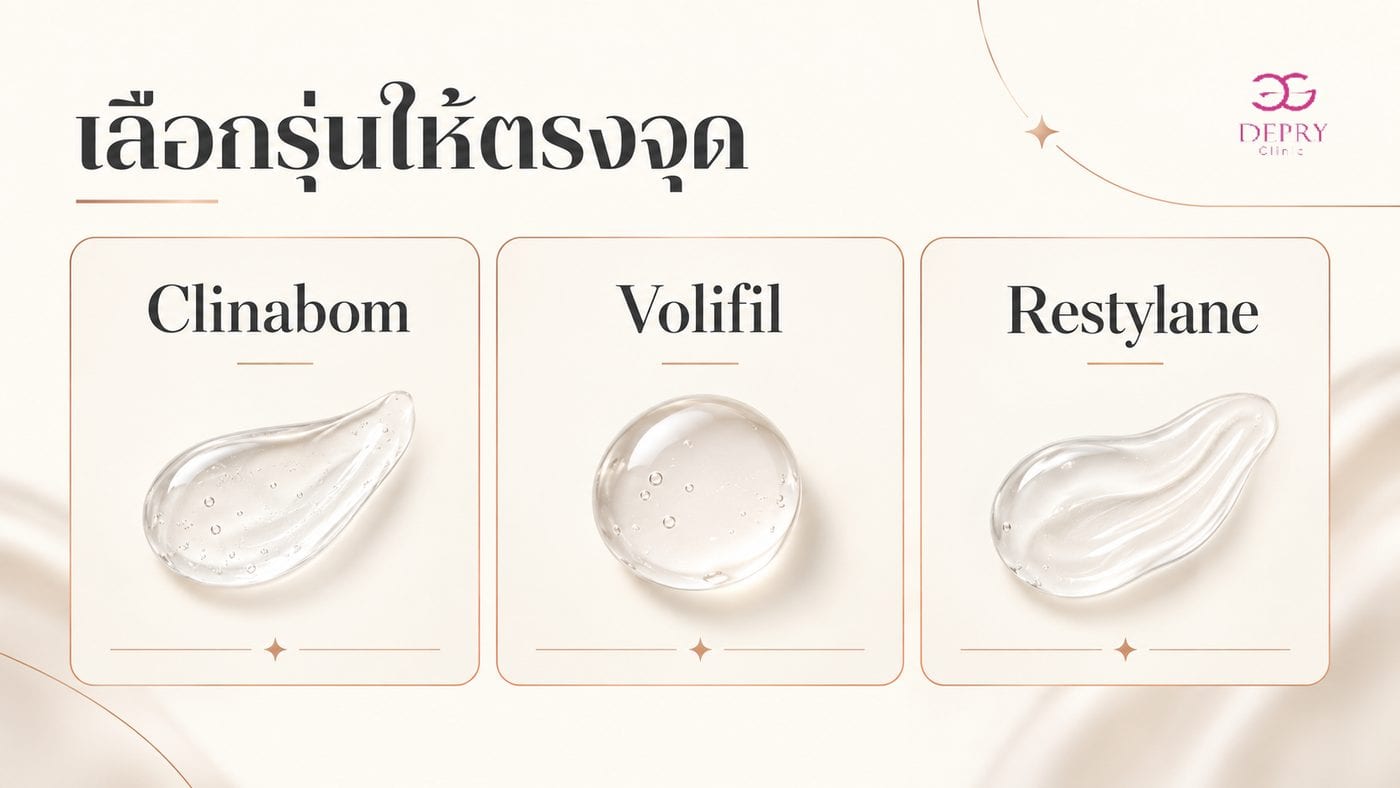 ภาพสรุปสามยี่ห้อ Clinabom Volifil และ Restylane เพื่อชวนดูรุ่นย่อยก่อนเลือกฟิลเลอร์