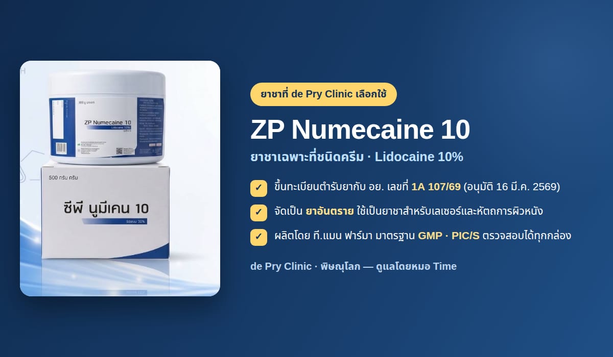 กระป๋องและกล่องยาชา ZP Numecaine 10 ยาชาเฉพาะที่ชนิดครีม Lidocaine 10% ที่ de Pry Clinic พิษณุโลกใช้ ขึ้นทะเบียน อย. เลขที่ 1A 107/69 ผลิตโดย ที.แมน ฟาร์มา มาตรฐาน GMP PIC-S