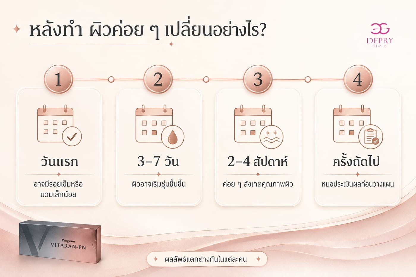 ไทม์ไลน์หลังทำโปรแกรม Vitaran-PN ตั้งแต่วันแรก ช่วง 3 ถึง 7 วัน และ 2 ถึง 4 สัปดาห์