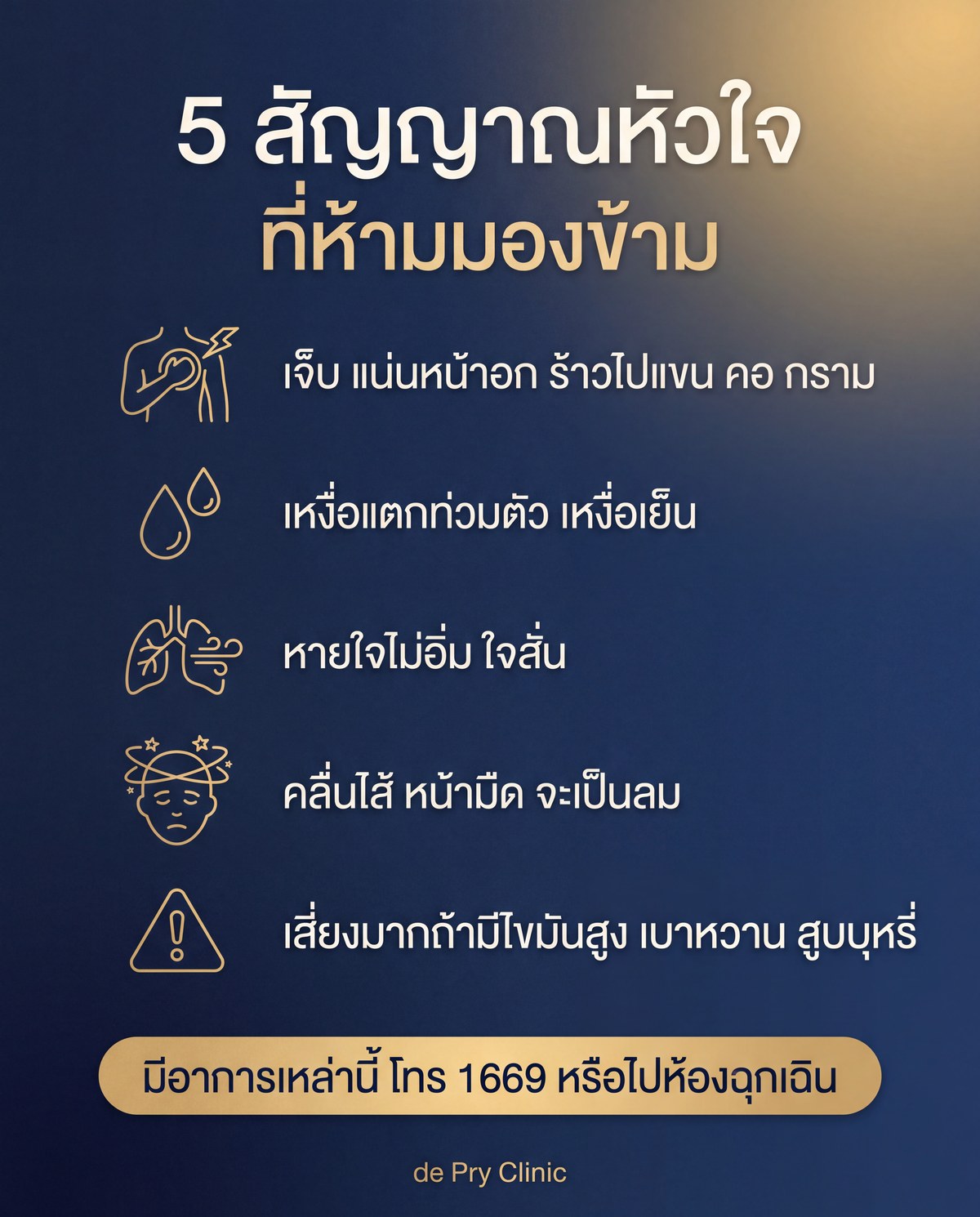 อินโฟกราฟิก 5 สัญญาณหัวใจที่ห้ามมองข้าม: เจ็บแน่นหน้าอกร้าวไปแขน คอ กราม, เหงื่อแตกท่วมตัว, หายใจไม่อิ่มใจสั่น, คลื่นไส้หน้ามืดจะเป็นลม, เสี่ยงมากถ้ามีไขมันสูง เบาหวาน สูบบุหรี่ — มีอาการเหล่านี้ให้โทร 1669 หรือไปห้องฉุกเฉิน